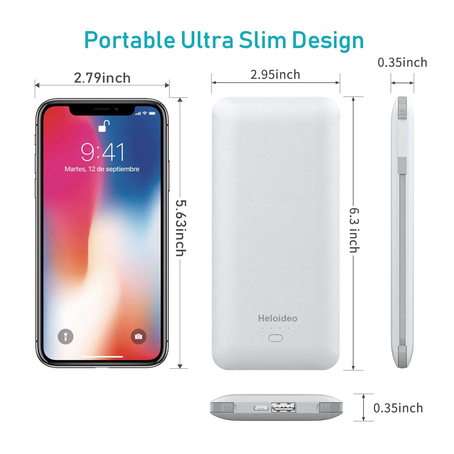10000mAh Heloideo Slim Portable Charger Power Bank External Battery Pack with Cable Built-in Micro Type-c Three Kinds cable for Phone 📱PB147 NO AC