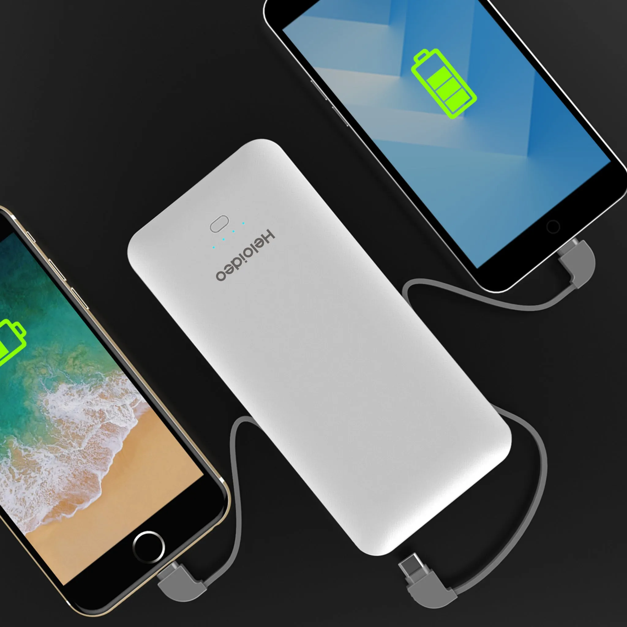 10000mAh Heloideo Slim Portable Charger Power Bank External Battery Pack with Cable Built-in Micro Type-c Three Kinds cable for Phone 📱PB147 NO AC