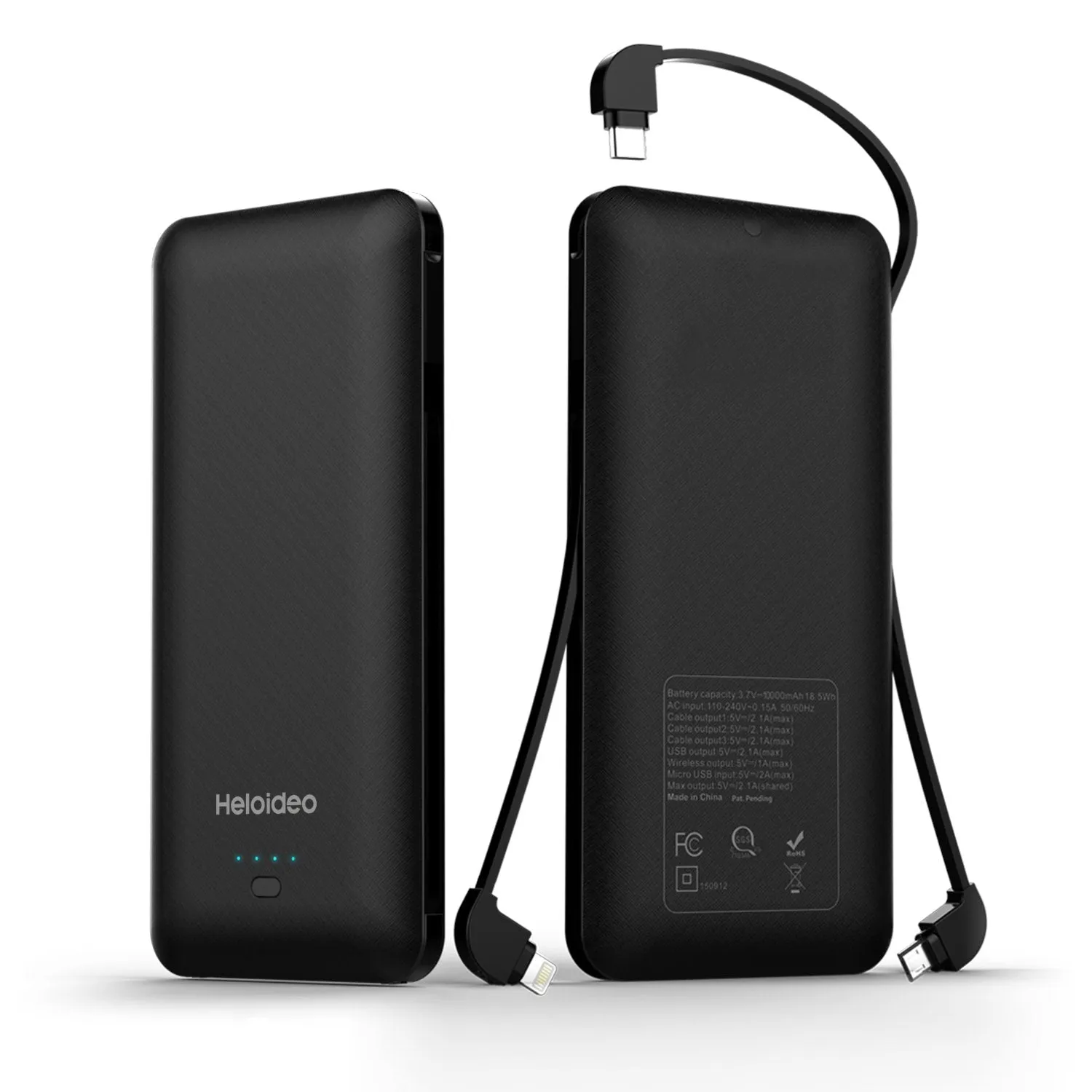 10000mAh Heloideo Slim Portable Charger Power Bank External Battery Pack with Cable Built-in Micro Type-c Three Kinds cable for Phone 📱PB147 NO AC