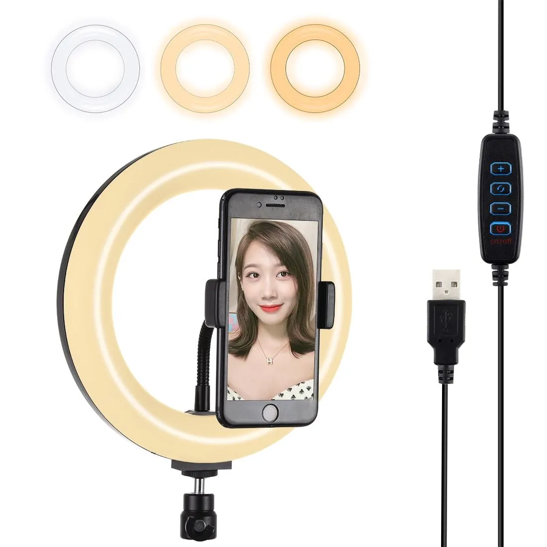 20cm USB Dual Colour LED Ring Light with Phone Clamp | Black