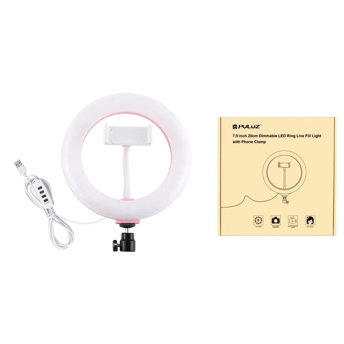 20cm USB Dual Colour LED Ring Light with Phone Clamp | Black