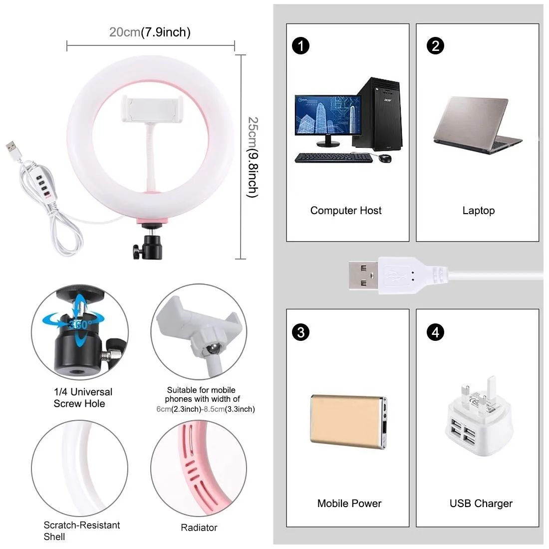 20cm USB Dual Colour LED Ring Light with Phone Clamp | Black