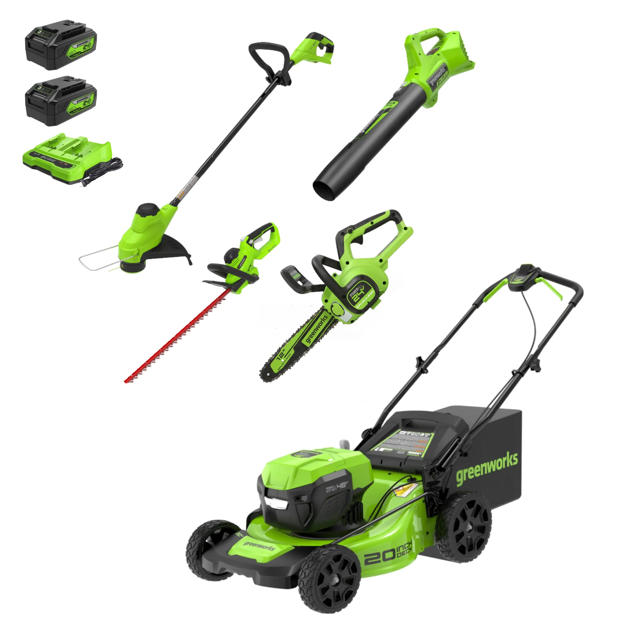 48V (2x24V) 20" Cordless Battery Push Mower 5PC Combo Kit w/ (2) 4.0Ah Batteries & Dual Port Chargers