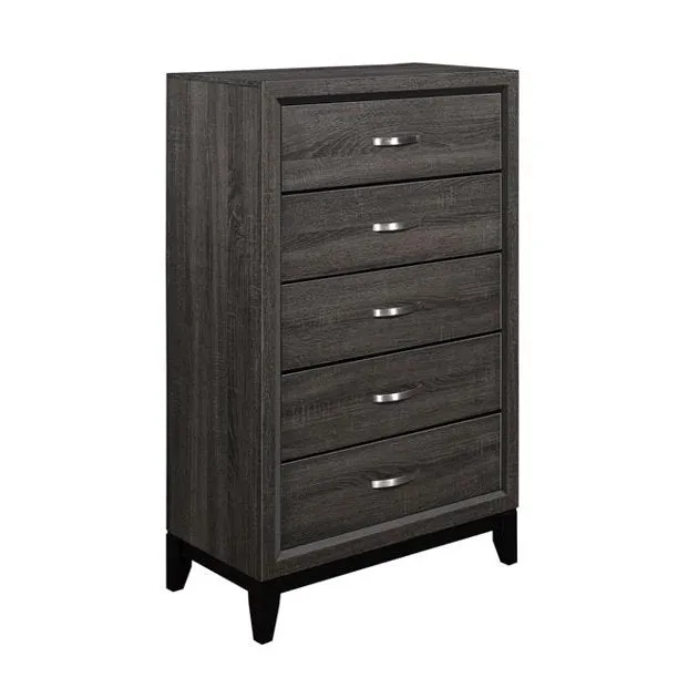 Benzara 5 Drawer Wooden Chest with Grain Details and Chamfered Feet, Gray