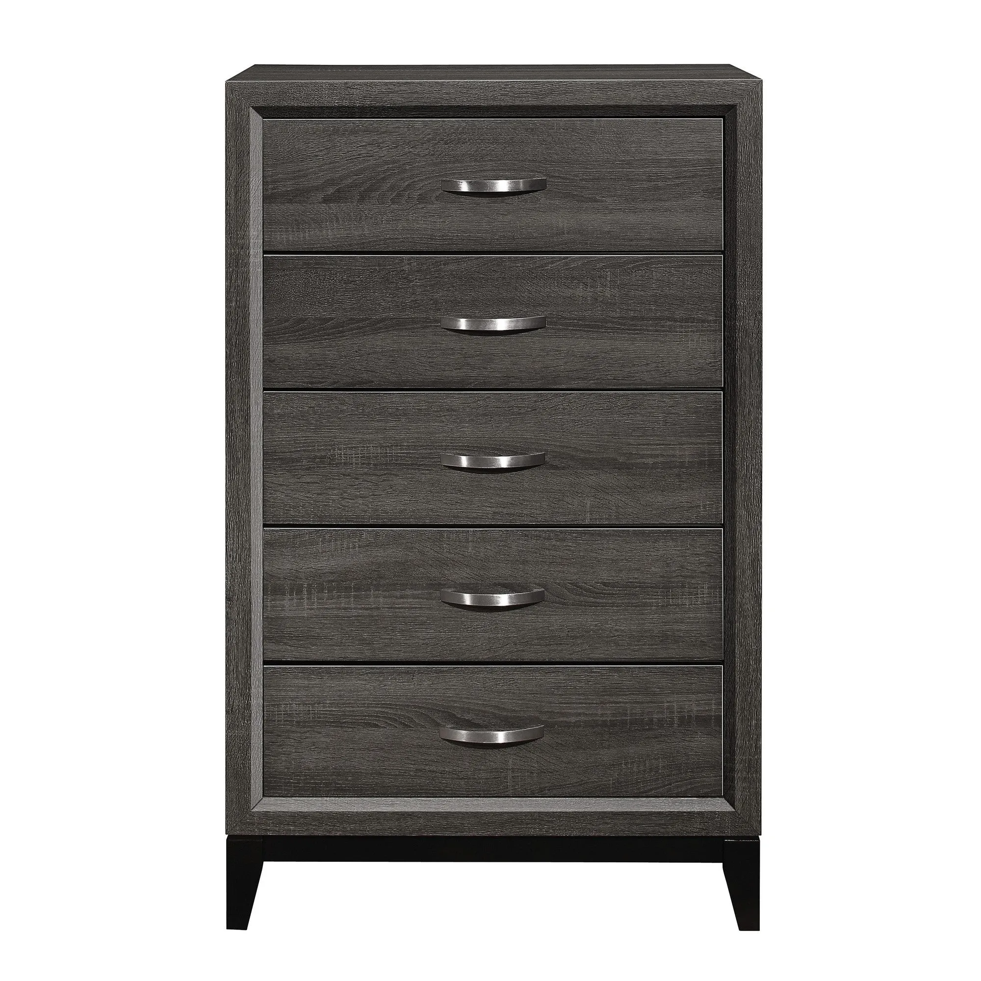 Benzara 5 Drawer Wooden Chest with Grain Details and Chamfered Feet, Gray