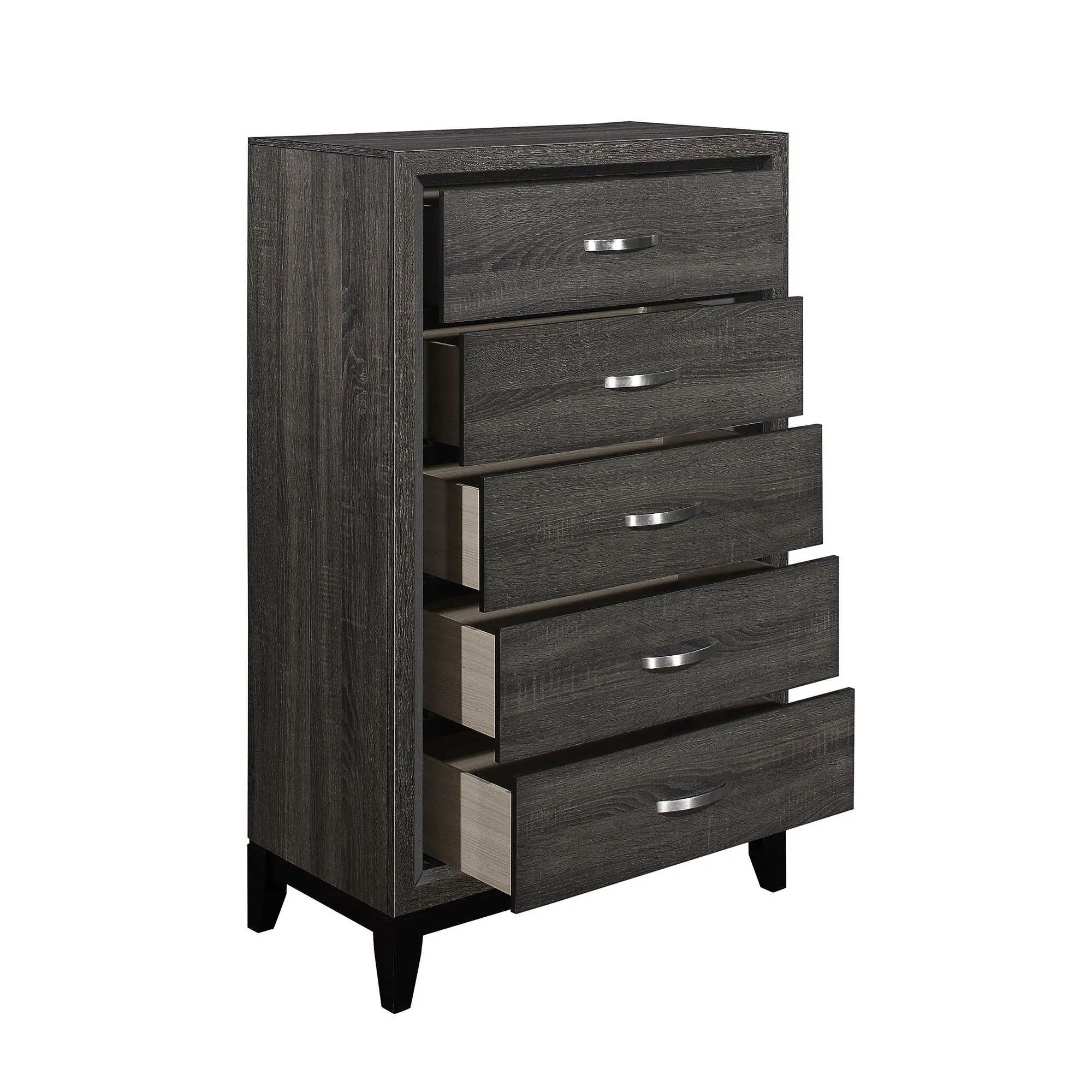 Benzara 5 Drawer Wooden Chest with Grain Details and Chamfered Feet, Gray
