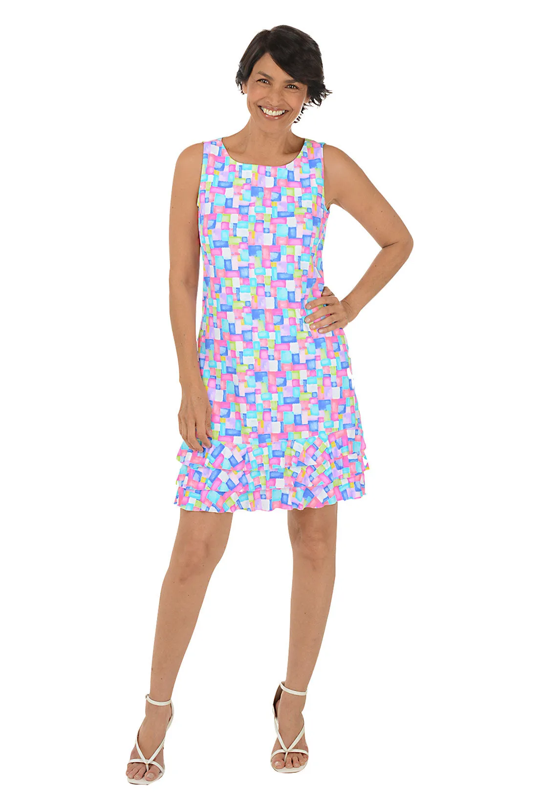 Colorful Cubes Cooling UPF50  Ruffle Dress