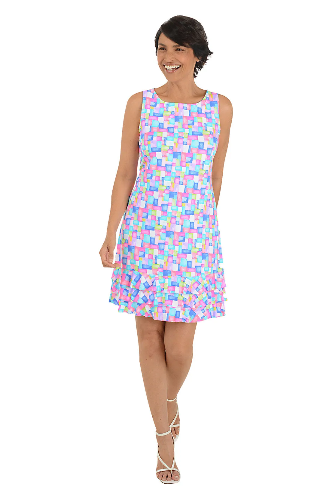 Colorful Cubes Cooling UPF50  Ruffle Dress