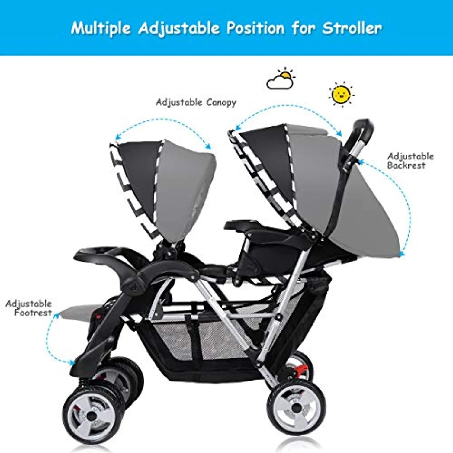 Double Stroller, Twin Tandem Baby Stroller with Adjustable Backrest