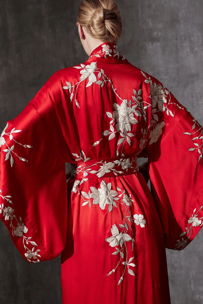 Key Essentials Embroidered Kimono Tassel Silk Robe