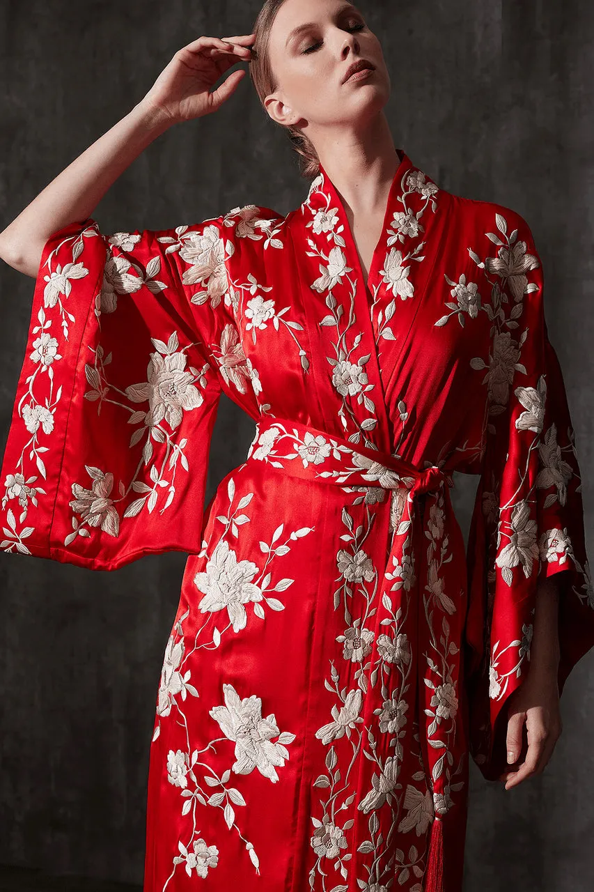 Key Essentials Embroidered Kimono Tassel Silk Robe