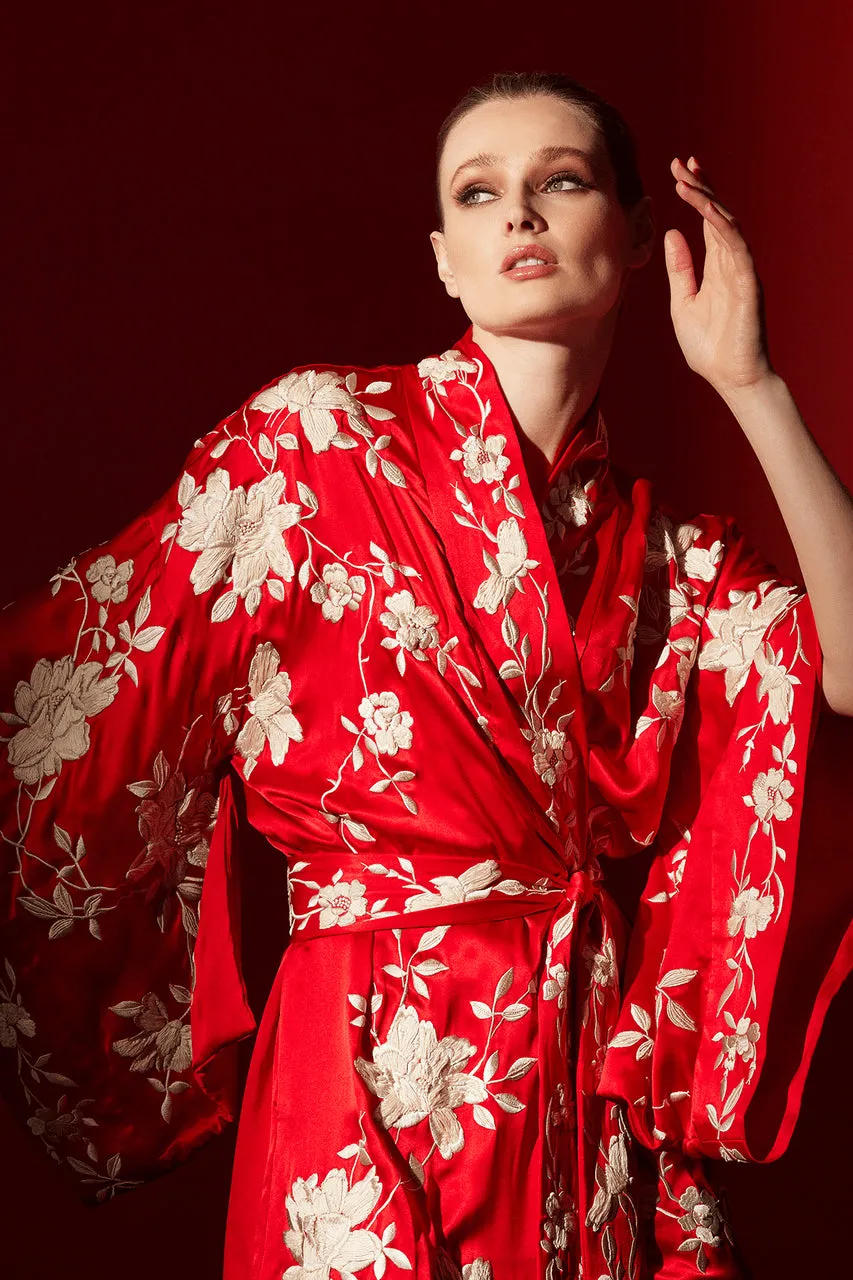 Key Essentials Embroidered Kimono Tassel Silk Robe