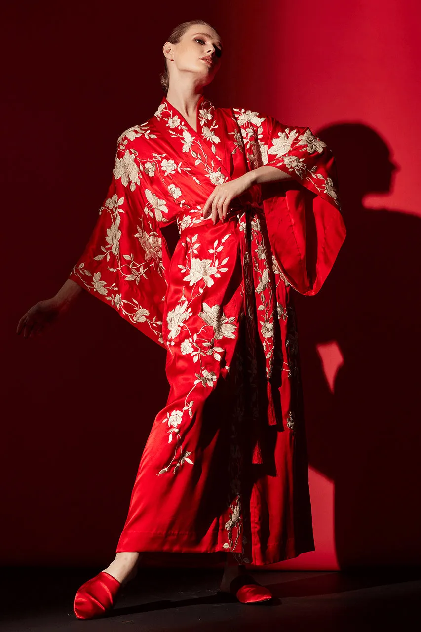 Key Essentials Embroidered Kimono Tassel Silk Robe
