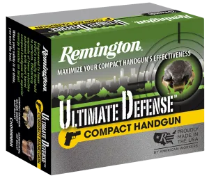 Remington Ammunition CHD9MMBN Ultimate Defense Compact Handgun 9mm Luger 124 GR Brass Jacket Hollow Point 20 Bx/ 25 Cs