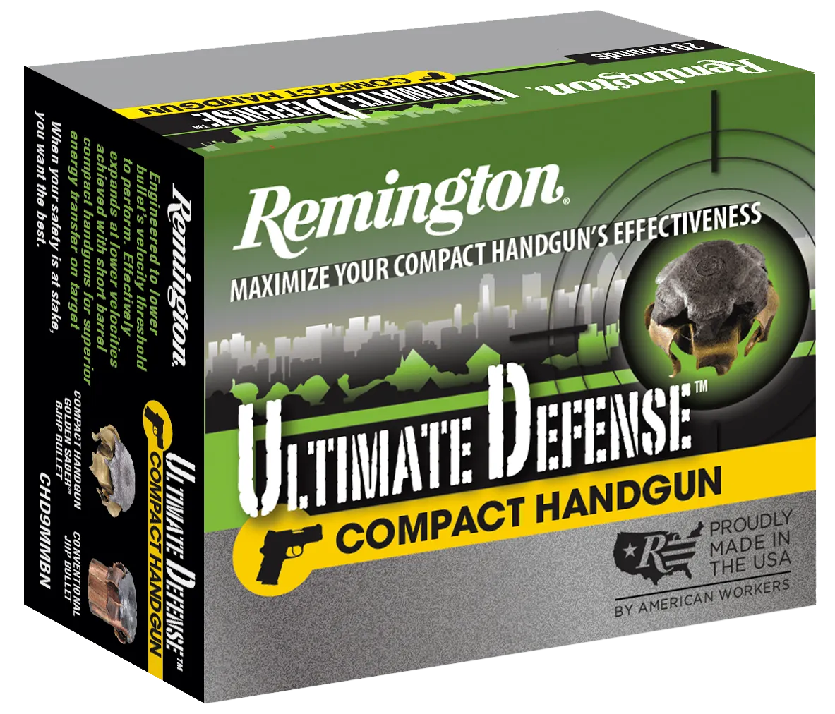 Remington Ammunition CHD9MMBN Ultimate Defense Compact Handgun 9mm Luger 124 GR Brass Jacket Hollow Point 20 Bx/ 25 Cs