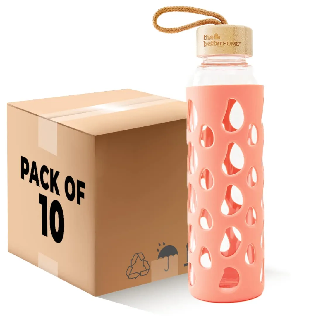 The Better Home Borosilicate Glass Water Bottle with Sleeve 550ml | Non Slip Silicon Sleeve & Bamboo Lid | Water Bottles for Fridge | Coral (Pack of 10)