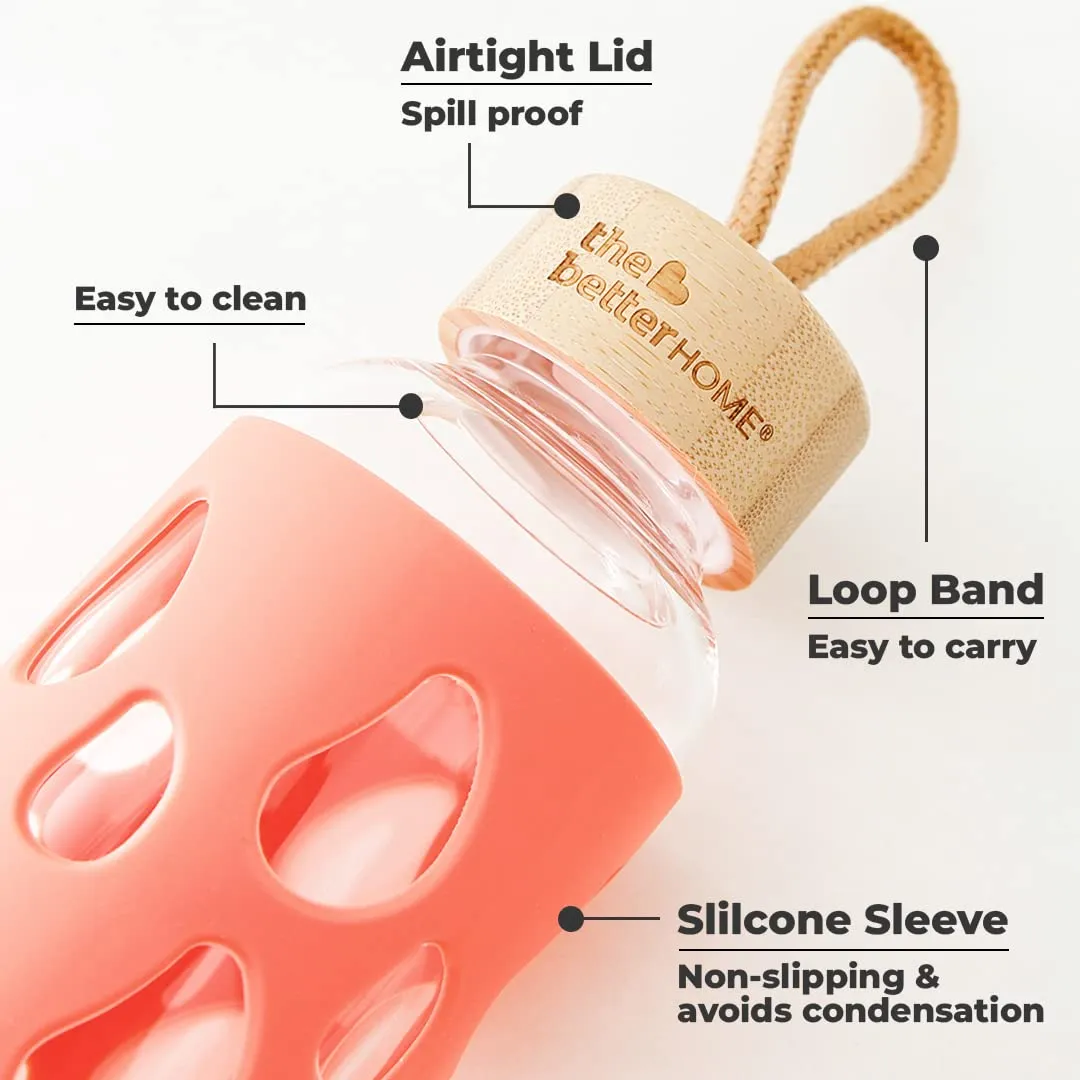 The Better Home Borosilicate Glass Water Bottle with Sleeve 550ml | Non Slip Silicon Sleeve & Bamboo Lid | Water Bottles for Fridge | Coral (Pack of 10)