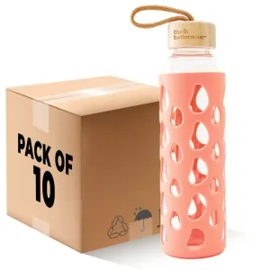 The Better Home Borosilicate Glass Water Bottle with Sleeve 550ml | Non Slip Silicon Sleeve & Bamboo Lid | Water Bottles for Fridge | Coral (Pack of 10)