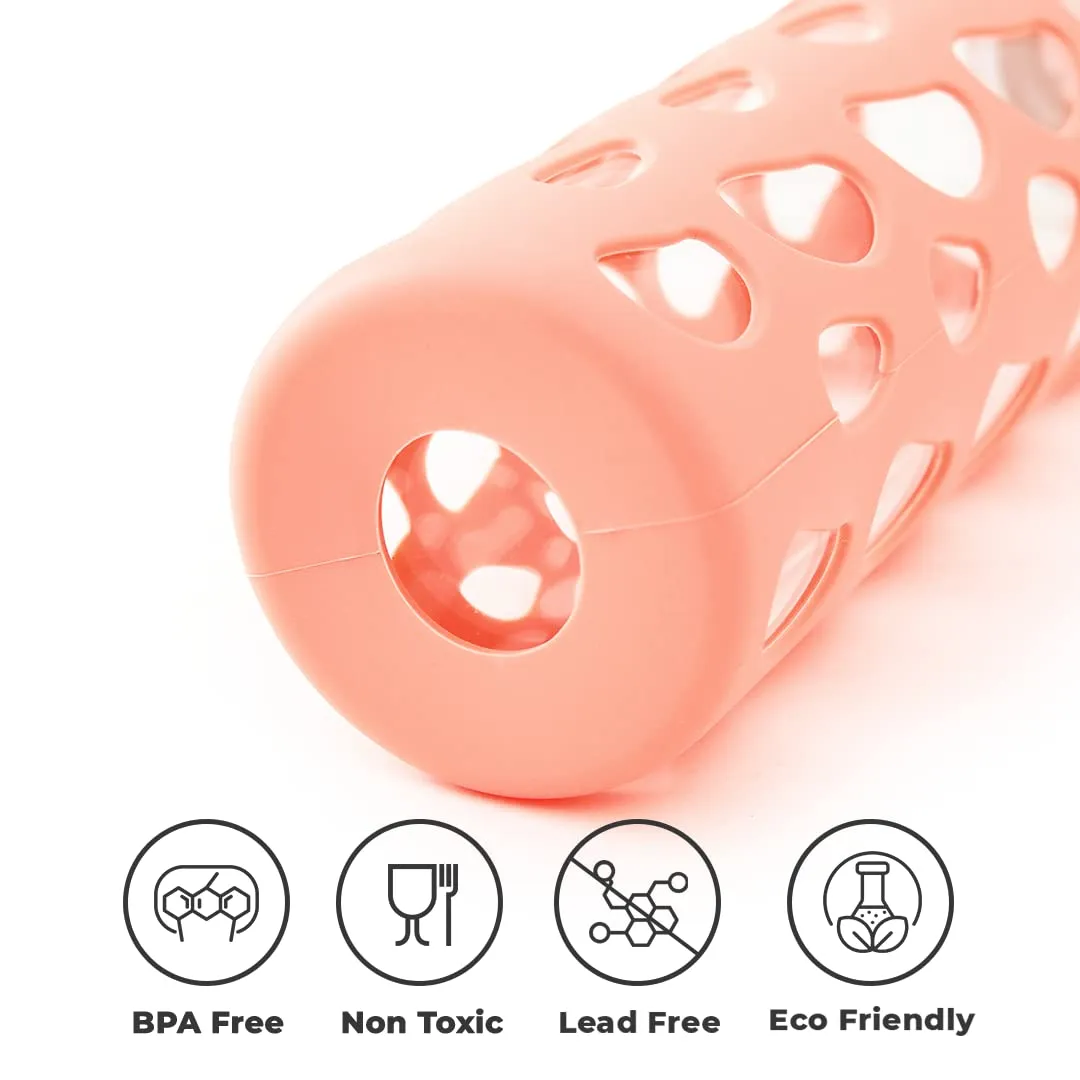 The Better Home Borosilicate Glass Water Bottle with Sleeve 550ml | Non Slip Silicon Sleeve & Bamboo Lid | Water Bottles for Fridge | Coral (Pack of 10)