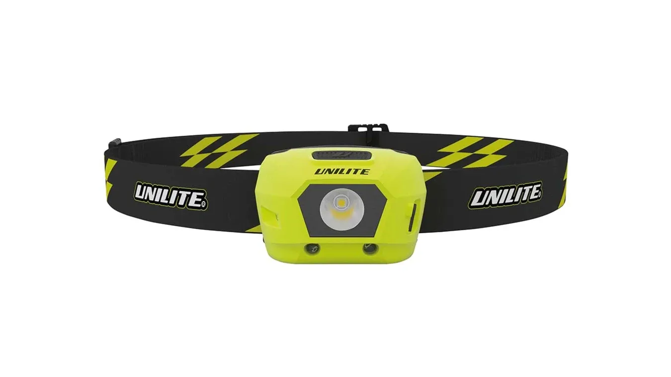 Unilite HL-4R Prosafe Hi Vis Yellow Helmet Mountable USB Rechargeable LED Headlight Torch - 275 Lumen - Adjustable Headband