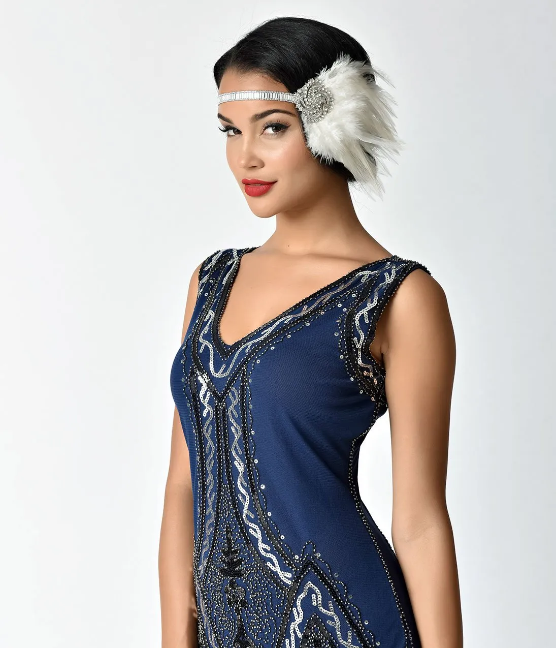 Unique Vintage Ivory Feather & Silver Rhinestone Spiral Stretch Headband