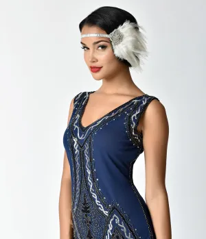 Unique Vintage Ivory Feather & Silver Rhinestone Spiral Stretch Headband