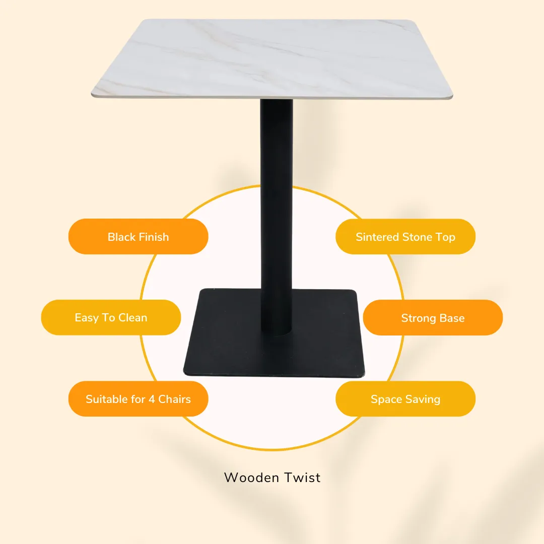 Wooden Twist Bourgeois Square Shape Marble Top Metalic Base Cafe Restaurant Table Dining Table